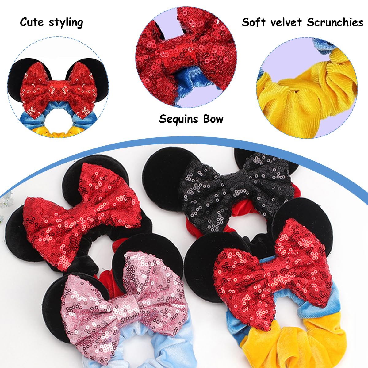 PALAY Girls Scrunchies for Ponytails with Sequin Bow and Mickey Ears 4pcs | Soft Flannelette Elastic Hair Ties