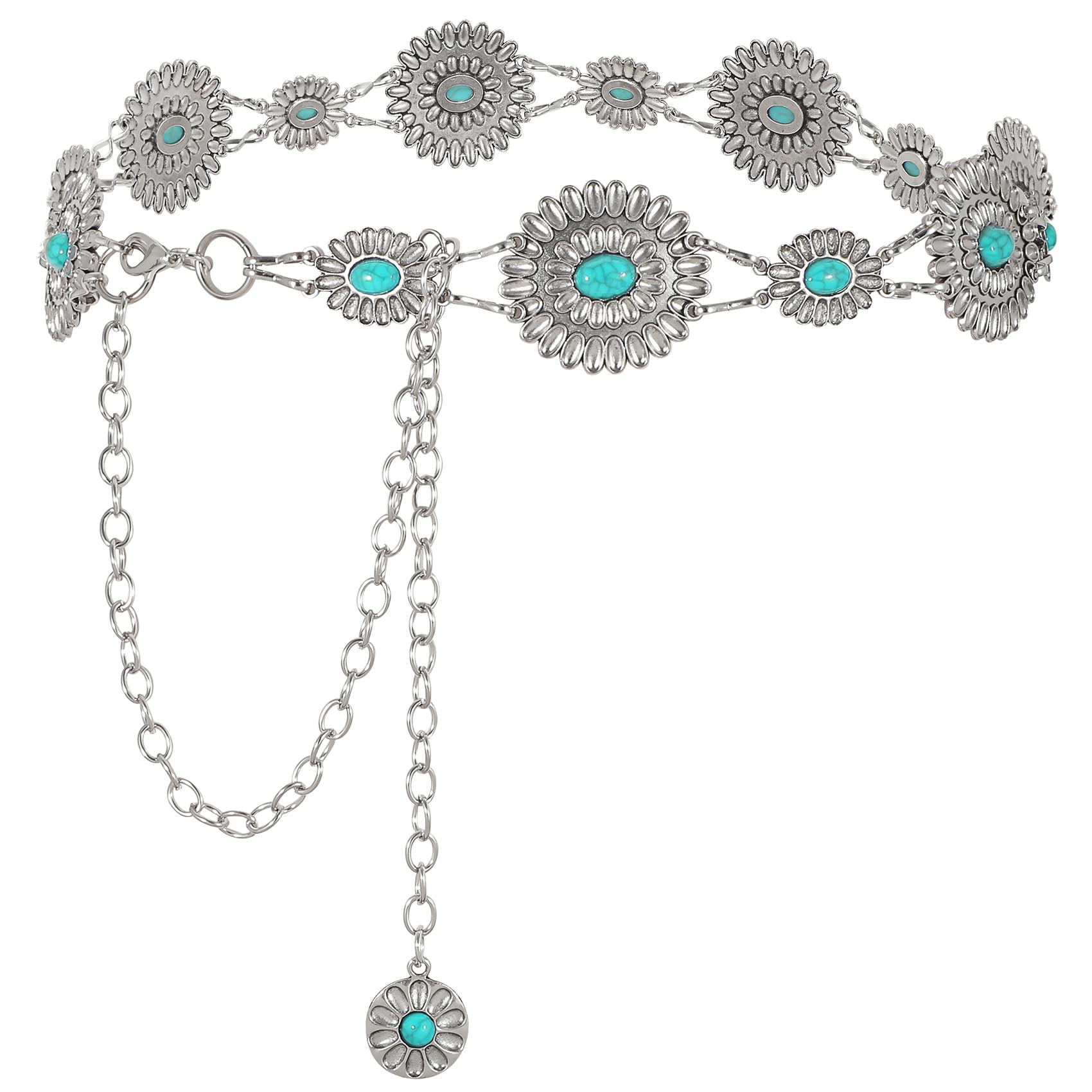 SANNIDHI® Women Concho Chain Belt Metal Link Western Cowgirl Turquoise Chain Belt for Dress-MetallicGold