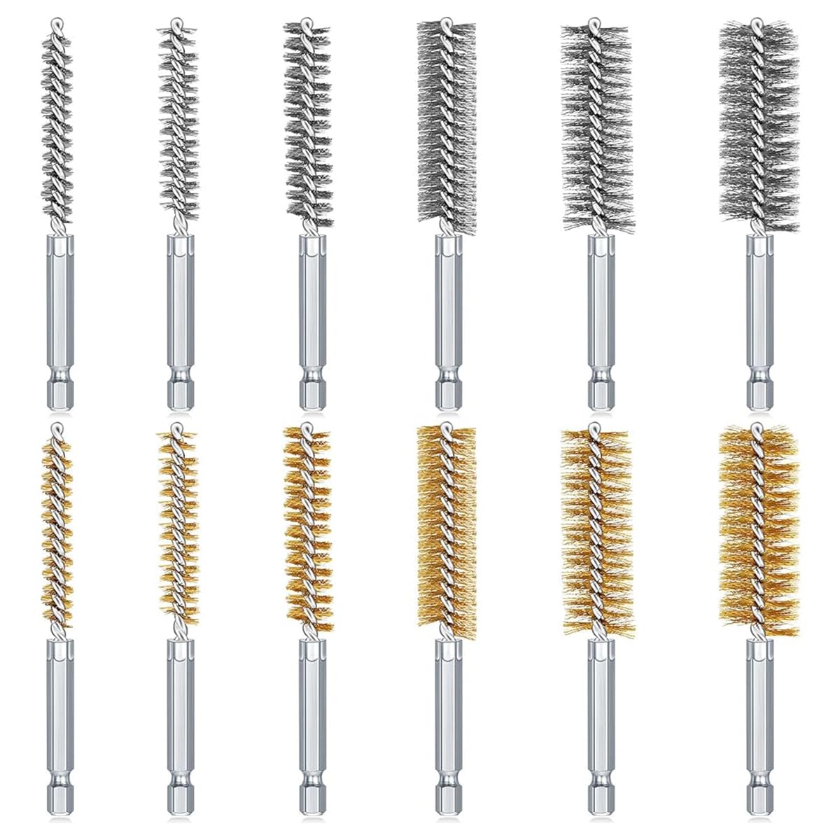 Serplex Bore Brush Set for Drill 12 pcs 1/4 in Hex Shank with Twisted Wire Design | Stainless Steel and Brass Cleaning Tools
