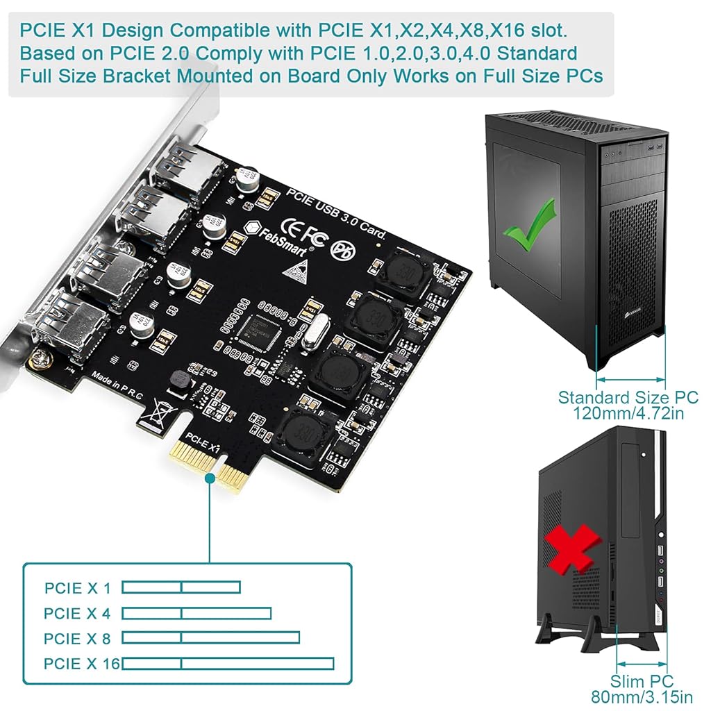 Verilux® 4 Ports USB 3.0 HUB Super Fast 5Gbps PCI Express (PCIe) Expansion Card for Motherboard Windows Server, XP, 7, Vista, 8, 8.1, 10 PCs-Build in Self-Powered Technology-No Need Additional Power Supply