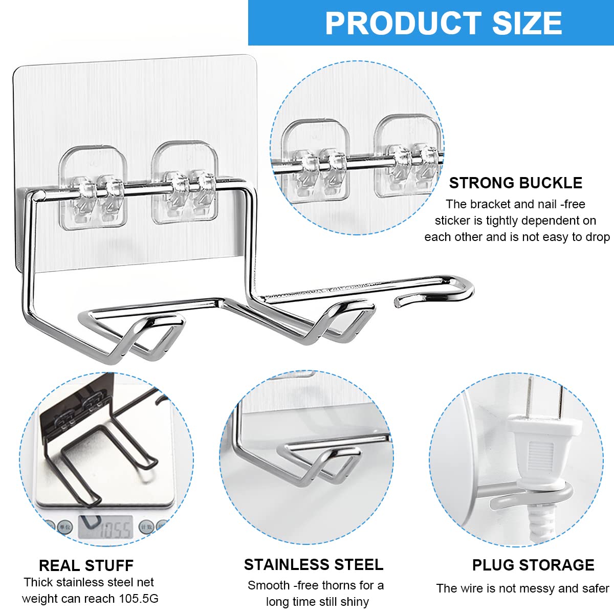 HASTHIP Hair Dryer Holder for Bathroom Wall with Plug Slot and Waterproof 3PCS Rack | Silver Organizer