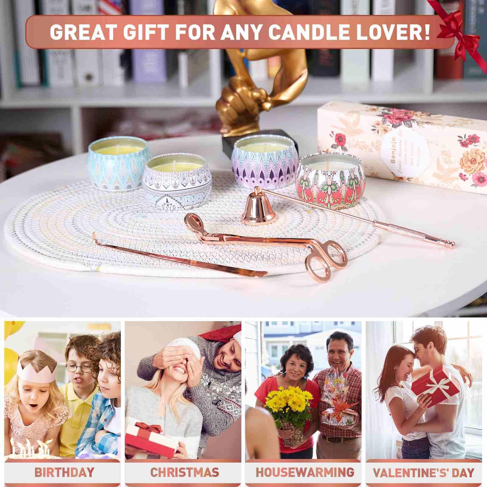 HASTHIP Candle Accessory Set for Scented Candle Care with Curved Wick Trimmer 3pcs Gold | Stainless Steel Gift Kit