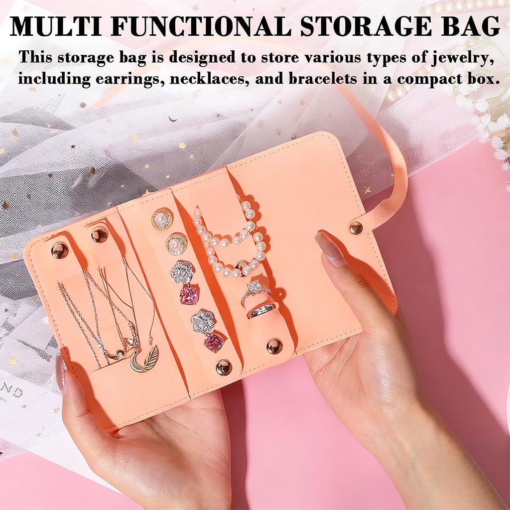 MAYCREATE Jewellery Organiser Pouch for Travel with Roll Up Strap 12 x 6.8 x 1.5 cm Pink PU | Ideal for Women and Girls