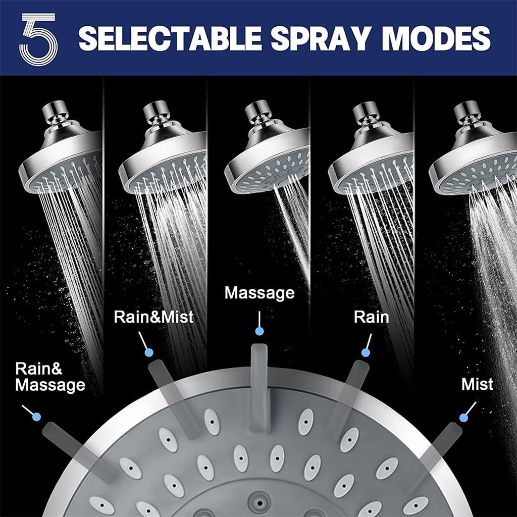 HASTHIP Round Shower Head with 5 Spray Modes and 360 Degree Flexibility | 4 in ABS Flush-Mount Design