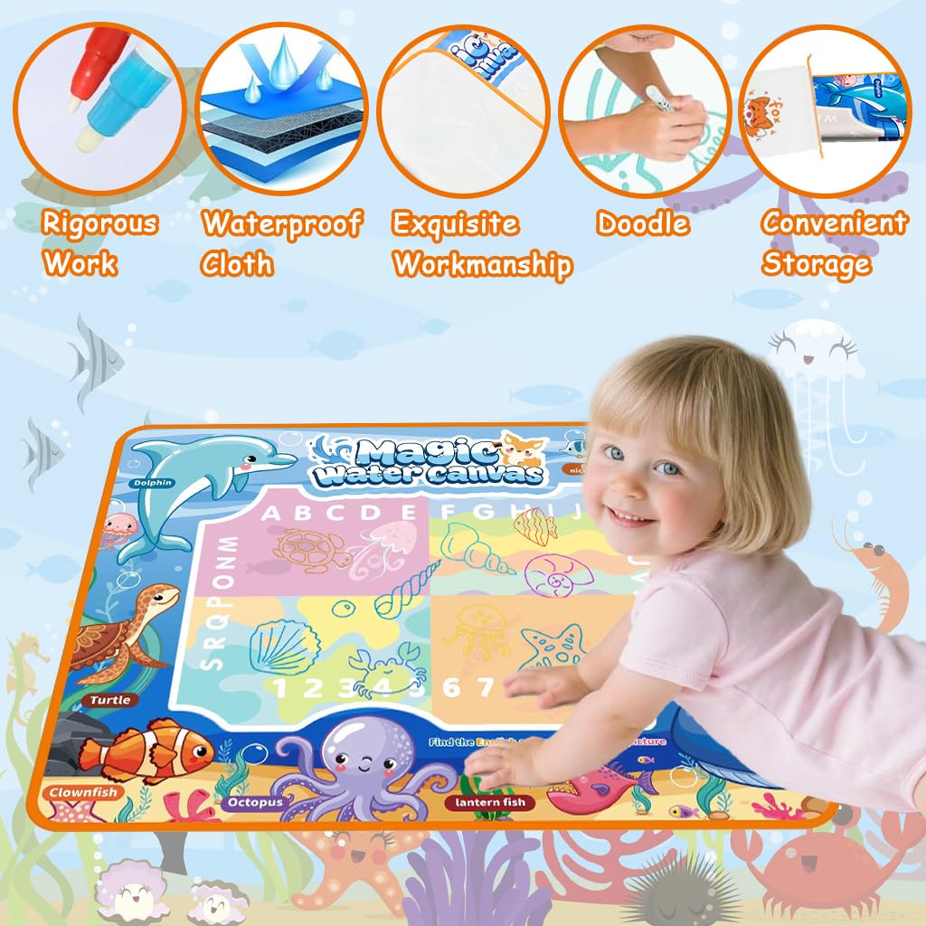 PATPAT Water Doodle Mat for Kids with 39.37x31.5 in Drawing Area and Water Pens | Mess-Free Learning Fun
