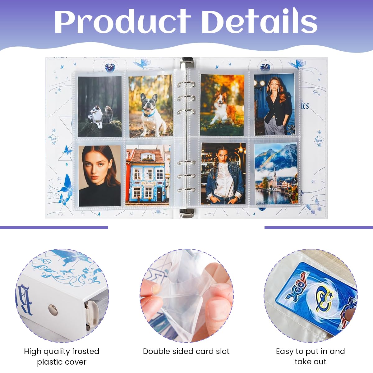 PATPAT Photo Album for Collectible Cards with 160 Slots and Double Sided Clear Pockets | Fashion Blue Butterfly Hard Cover