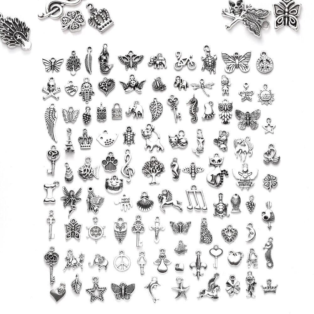 ZIBUYU® Pendant Charms for Jewellery Making Kit Accessories Silver Metal Pendants Charms Silver Plated DIY Charms for Necklace Bracelets Pendent for Crafting - 100 Pcs