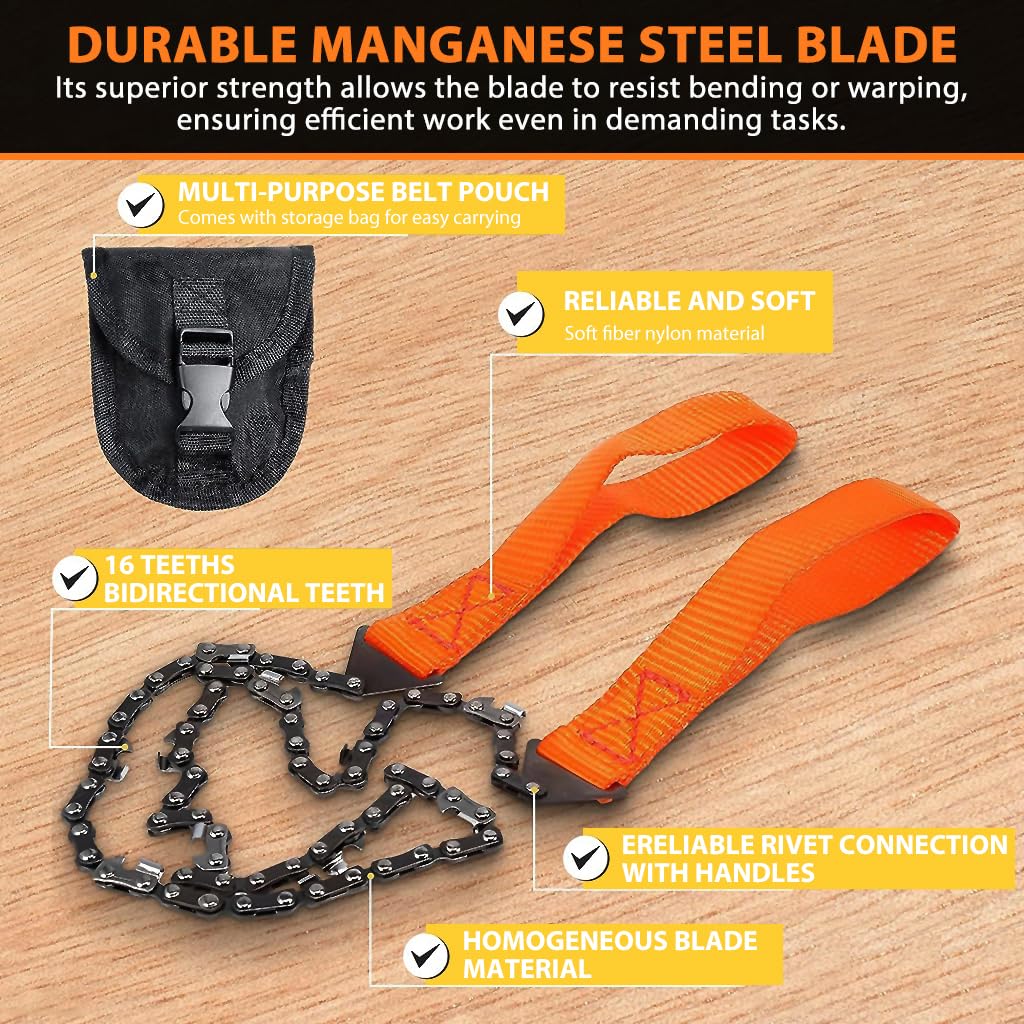 Optifit Pocket Chainsaw for Camping and Hiking with 16 Teeth 24 in Manganese Steel Blade | Portable Hand Saw for Cutting Branches