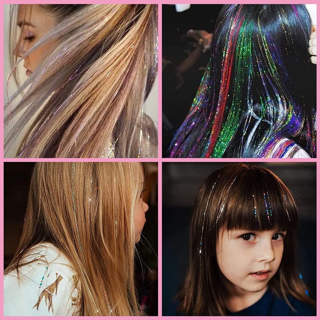 MAYCREATE Hair Tinsel Extensions Kit for Party Styling with Tools and 47 in 3200 Strands | 16 Colors