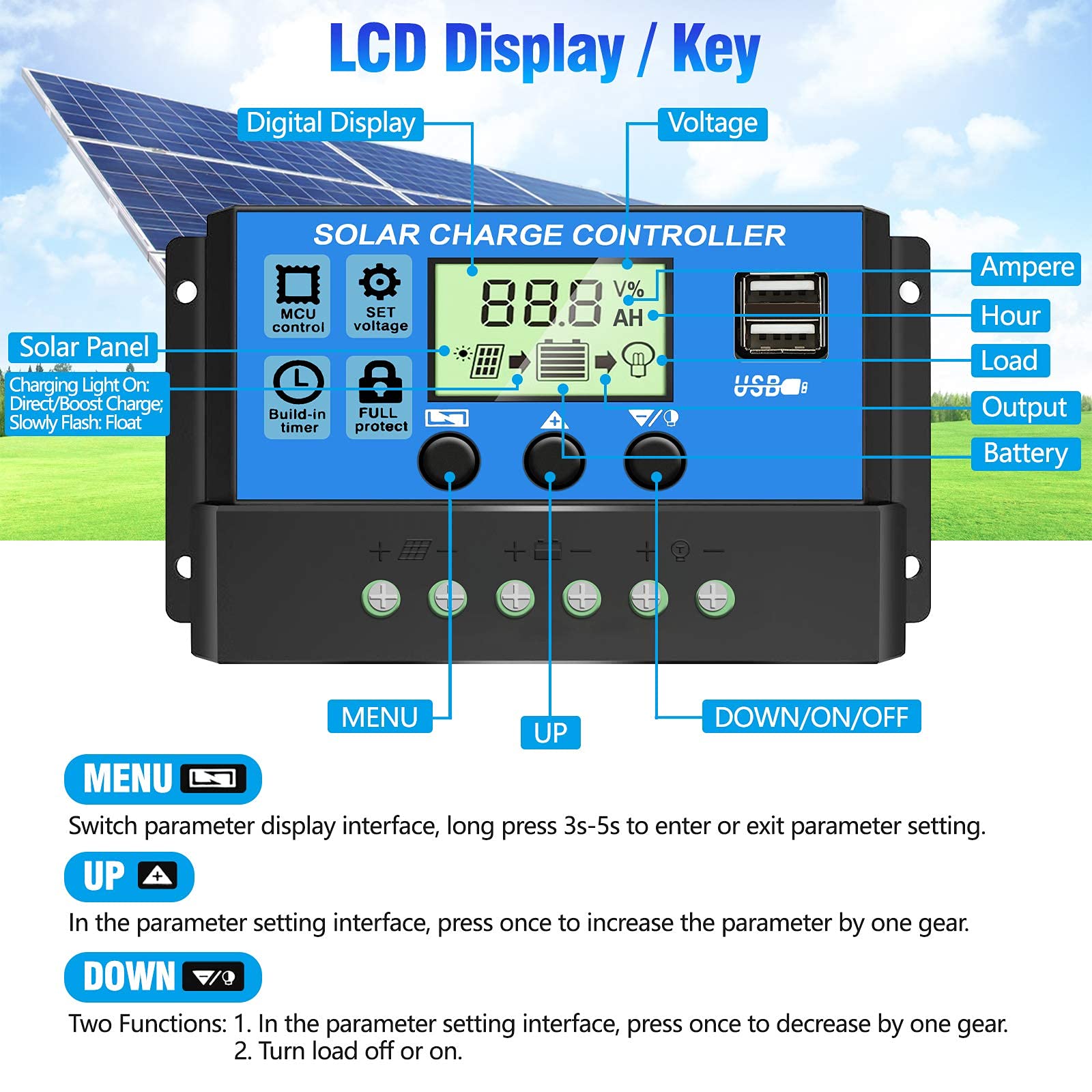 Magideal Solar Charge Controller 10A 12V 24V with Dual USB LCD Display | Moisture-Protected Design
