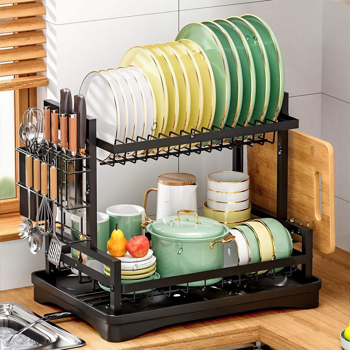 HASTHIP Double Layer Kitchen Dish Rack with Drip Tray and Chopping Board Holder 42x31x33cm