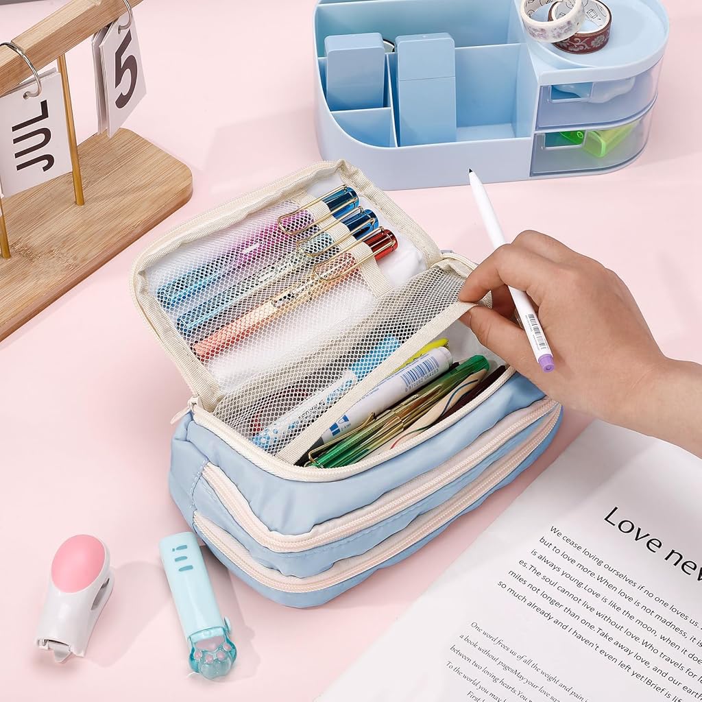 Zibuyu Pencil Case with 4 Compartments for School and Office | Cute Blue Style for Girls