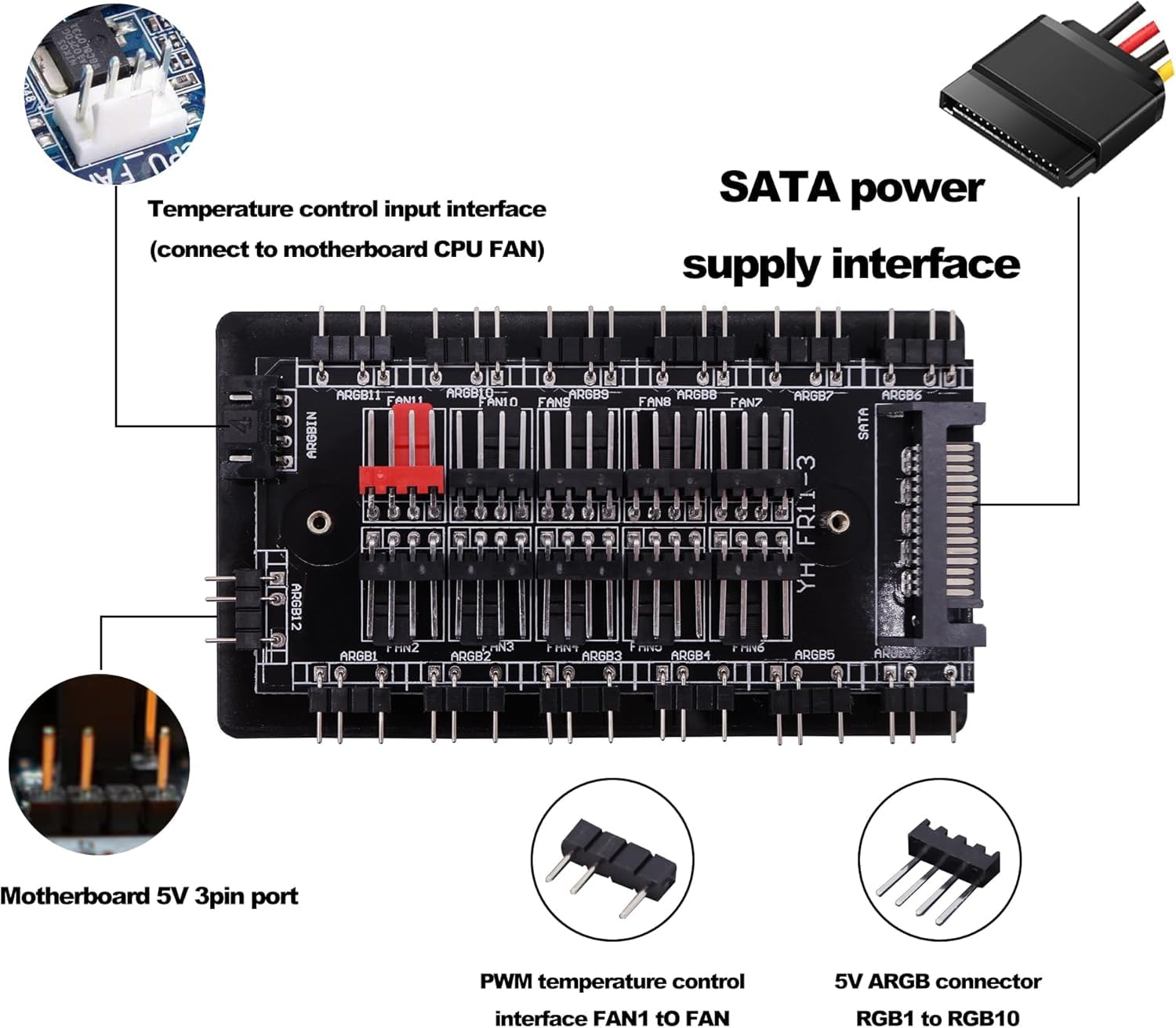 Verilux ARGB and PWM Fan Hub for PC Cooling with 10 Ports Featuring Magnetic Mount | 5V 3PIN Splitter
