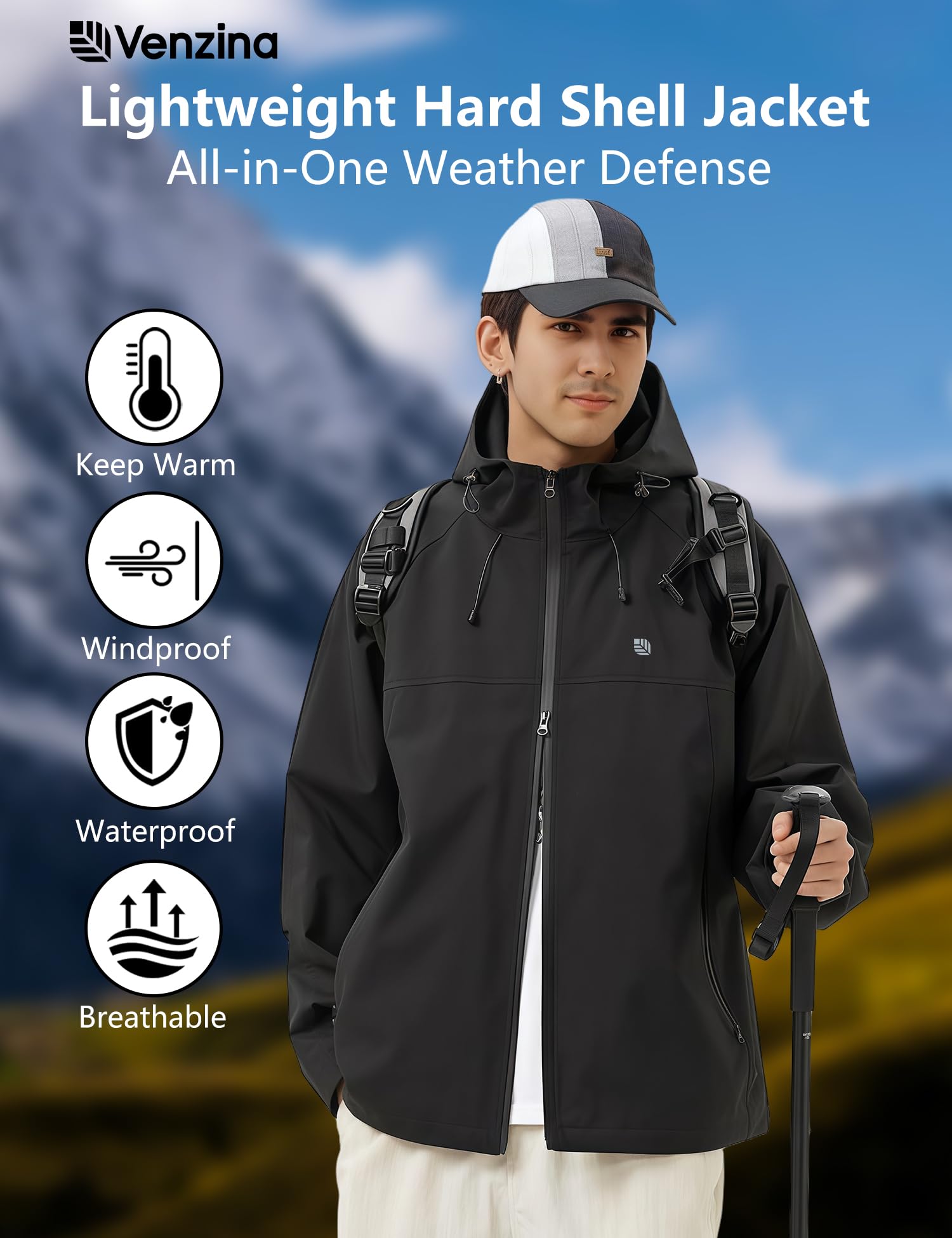 Venzina Men's Waterproof Jacket for Hiking and Cycling with 75D Fabric and 360° Windproof System | Black Lightweight Hooded Outerwear