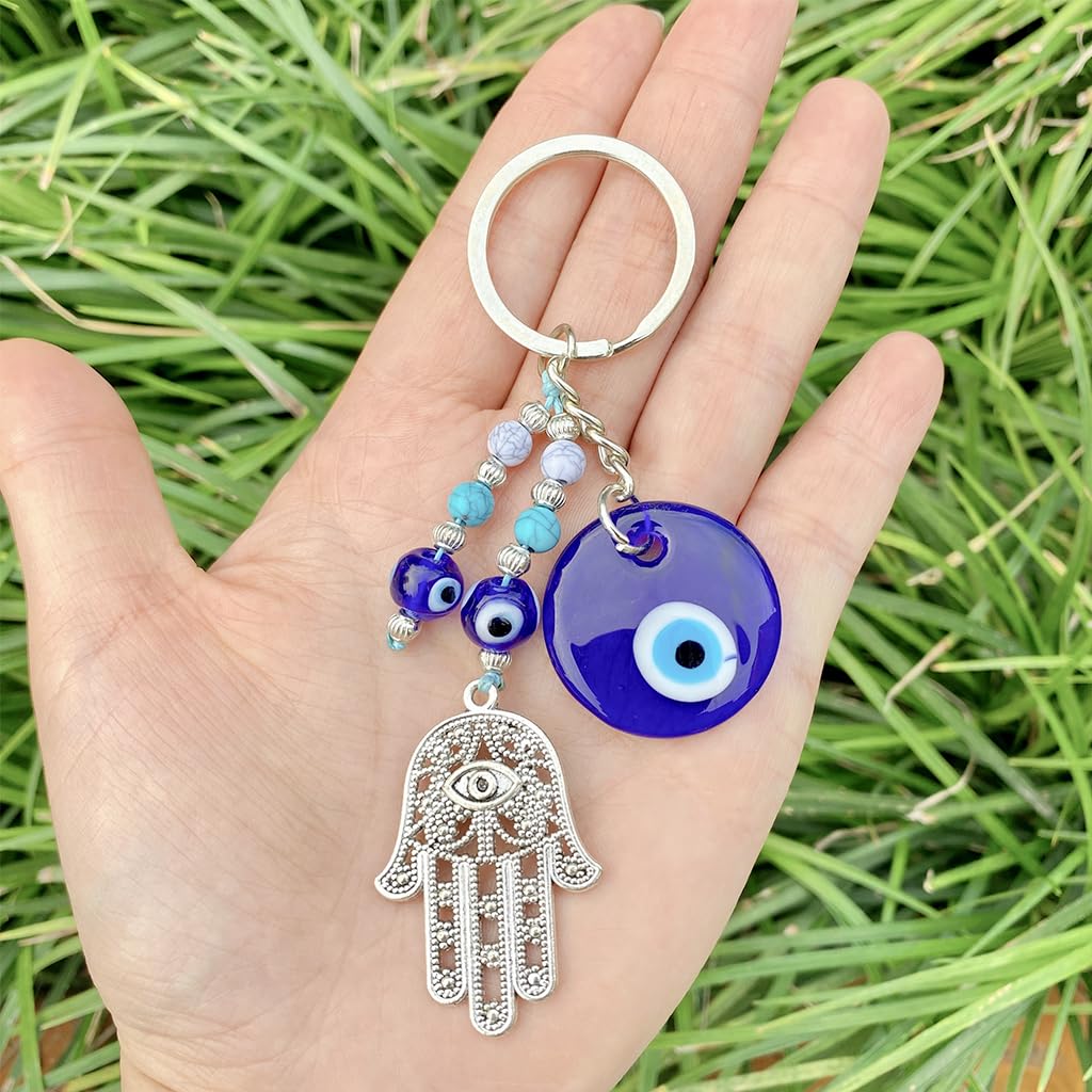 SANNIDHI Bag Charms Evil Eye Keychain with Blue Beads Palm Pendant for Women | Good Luck Gift