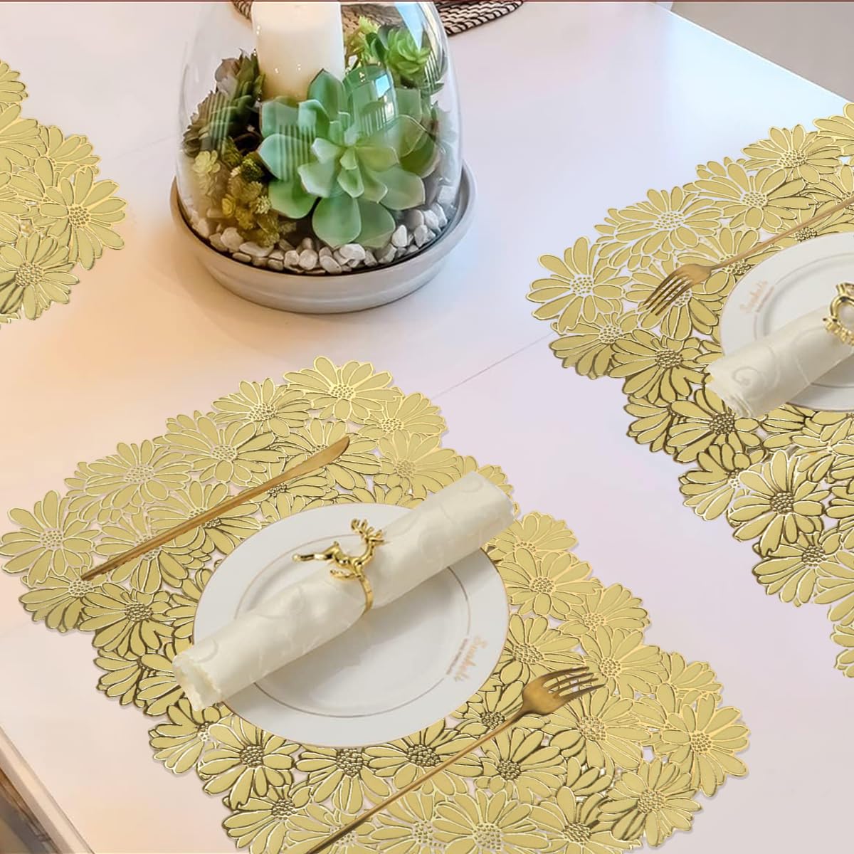 HASTHIP Placemats for Dining Table with 30x45cm Floral Embossing PVC Design | Golden Daisy Set of 6