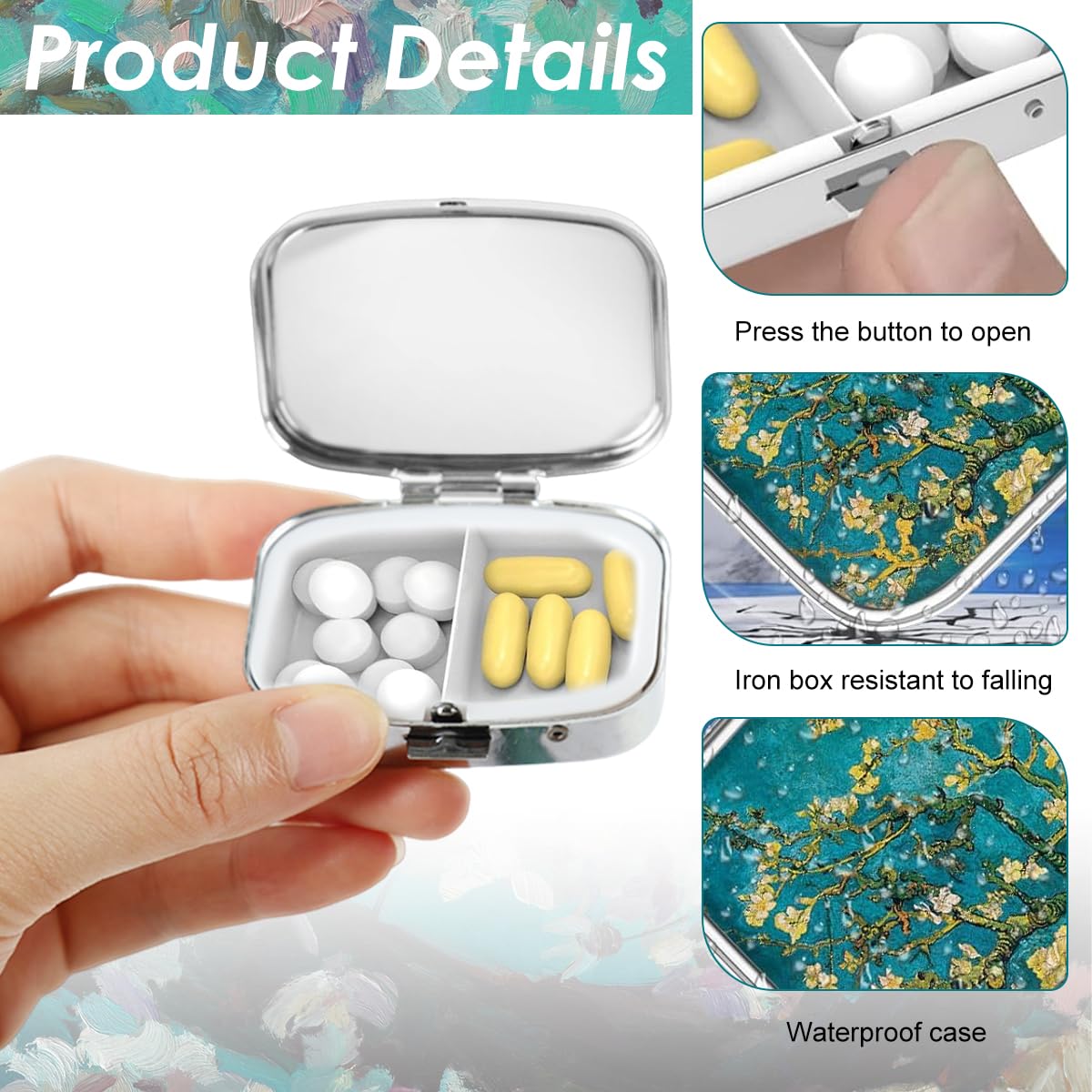 HANNEA Pill Box for Travel and Daily Use with 2 Compartments 5.6×4×1.6cm Metal Case Green