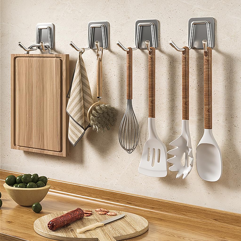 Zibuyu Adhesive Dual Wall Hooks for Bathroom and Kitchen with 4Pcs 304 Stainless Steel | Space-Saving Rust-Resistant Design