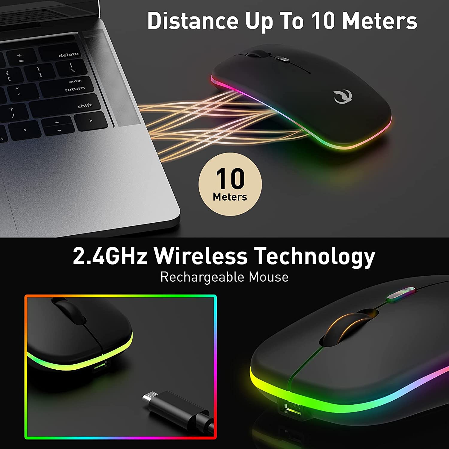 Verilux® LED Wireless Mouse, Rechargeable Slim Silent Mouse 2.4G Portable Mobile Optical Office Mouse with USB Receiver, 3 Adjustable DPI for PC, Laptop, Computer, Desktop