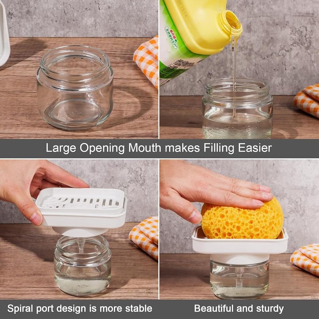 Supvox® Glass Liquid Soap Dispenser 280ml, 2 in 1 Press Dish Cleanser Dispenser with Integrated Sponge Drain Holder