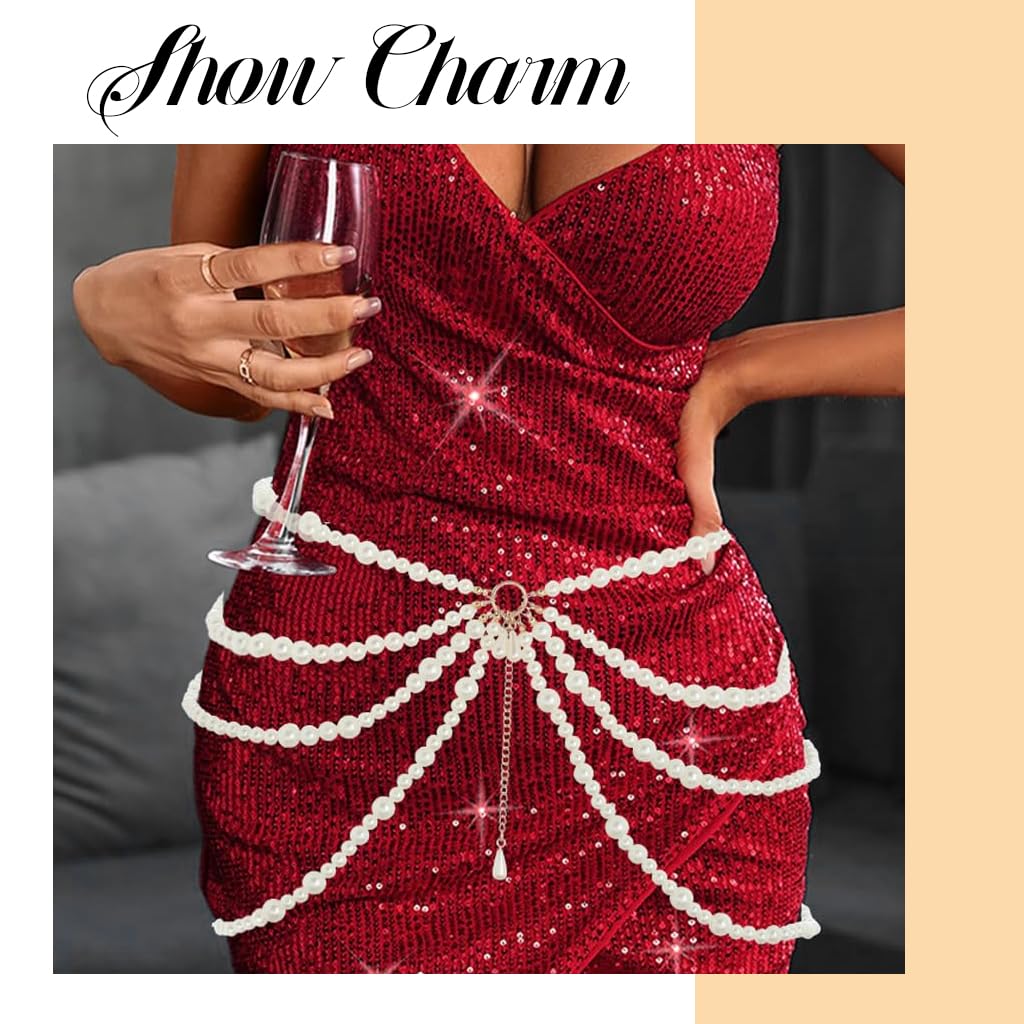 SANNIDHI Pearl Waist Chain for Women featuring Multi Layer Beaded Design and 9.8 in Extension | Elegant Accessory for Dresses and Beachwear