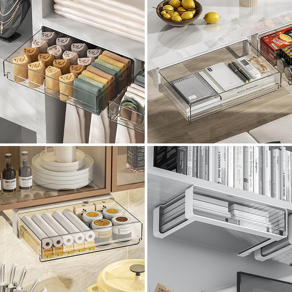 OFIFO Under Desk Drawer Organizer for Office Storage with Smooth Sliding Pull Out 7.8x12.2x3.3 in | Transparent PET Design