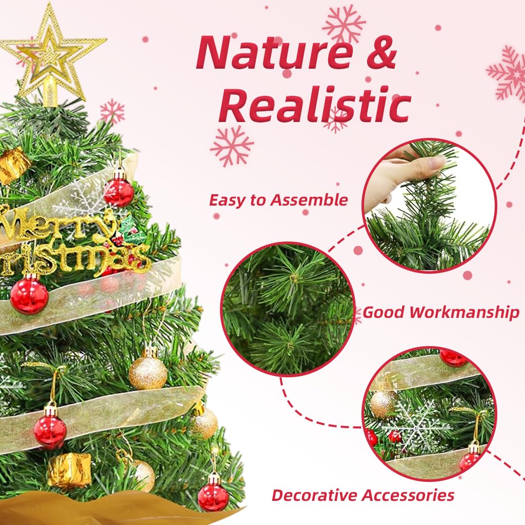 PATPAT Christmas Tree for Home Decor with 60 cm Height and Gold Fabric Wrapped Base | Includes Red and Gold Ornaments