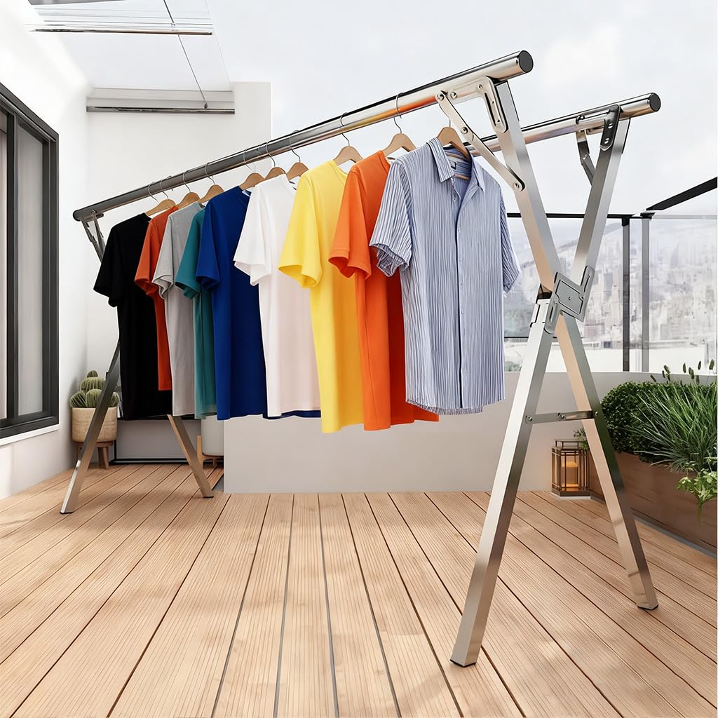 HASTHIP Folding Cloth Drying Rack for Indoor and Outdoor Use with 6.6ft Telescopic Frame and 20 Hooks | Double Layer Stainless Steel Laundry Organizer