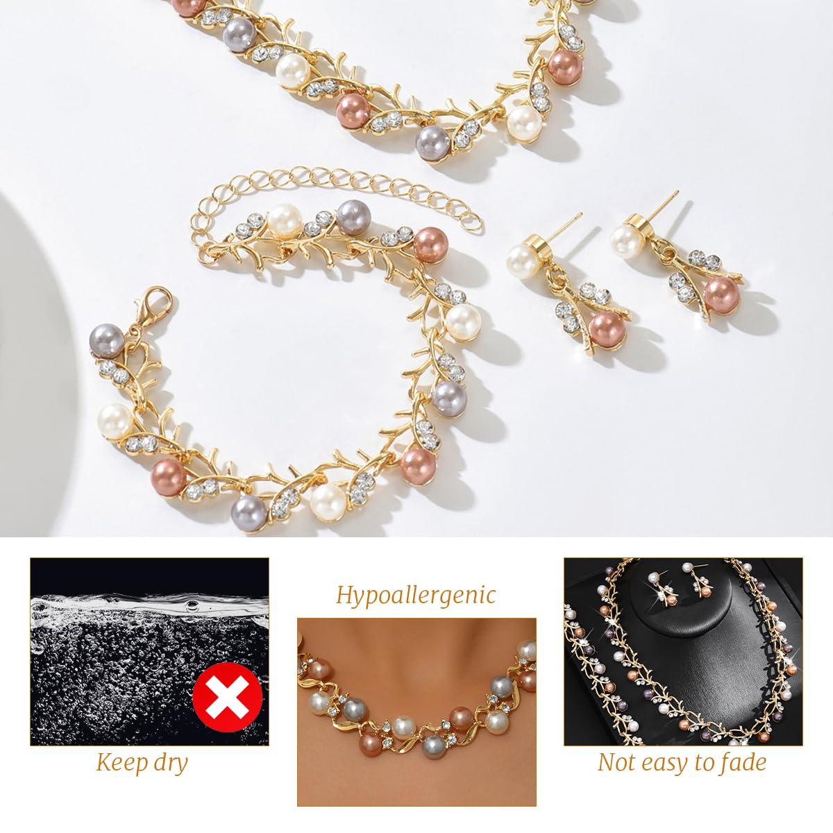 SANNIDHI Jewelry Set for Women with Pearl and Rhinestone Details | Necklace Bracelet & Earrings for Wedding and Party