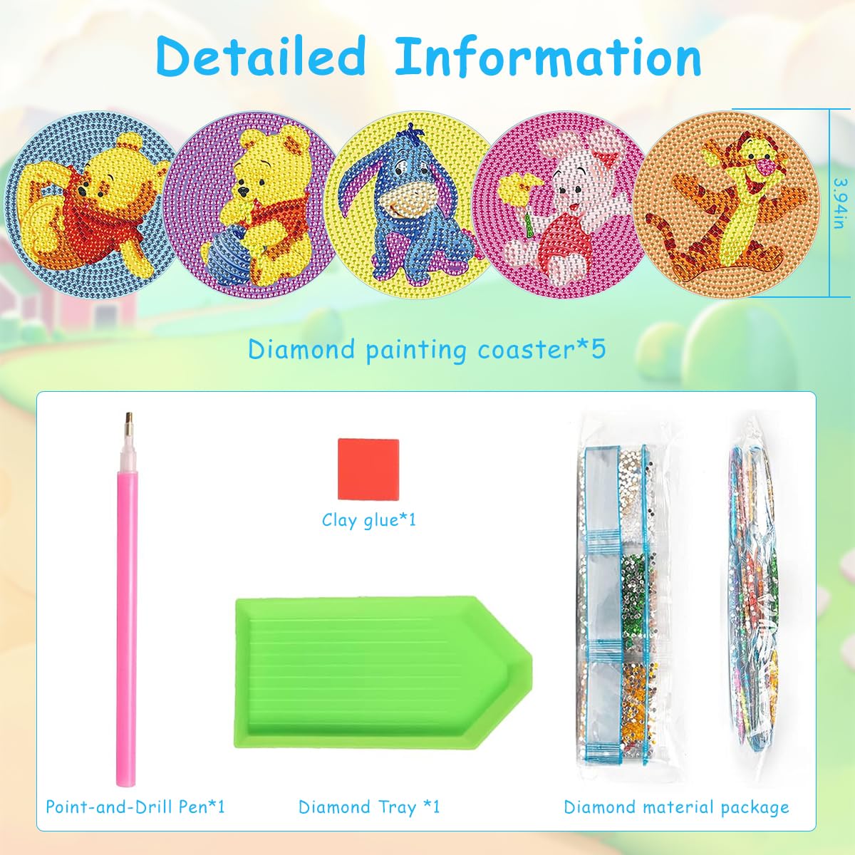 PATPAT Diamond Painting Coaster Set for DIY Tea Crafts with Tools 5 Pcs Acrylic 10cm | Winnie the Pooh Design