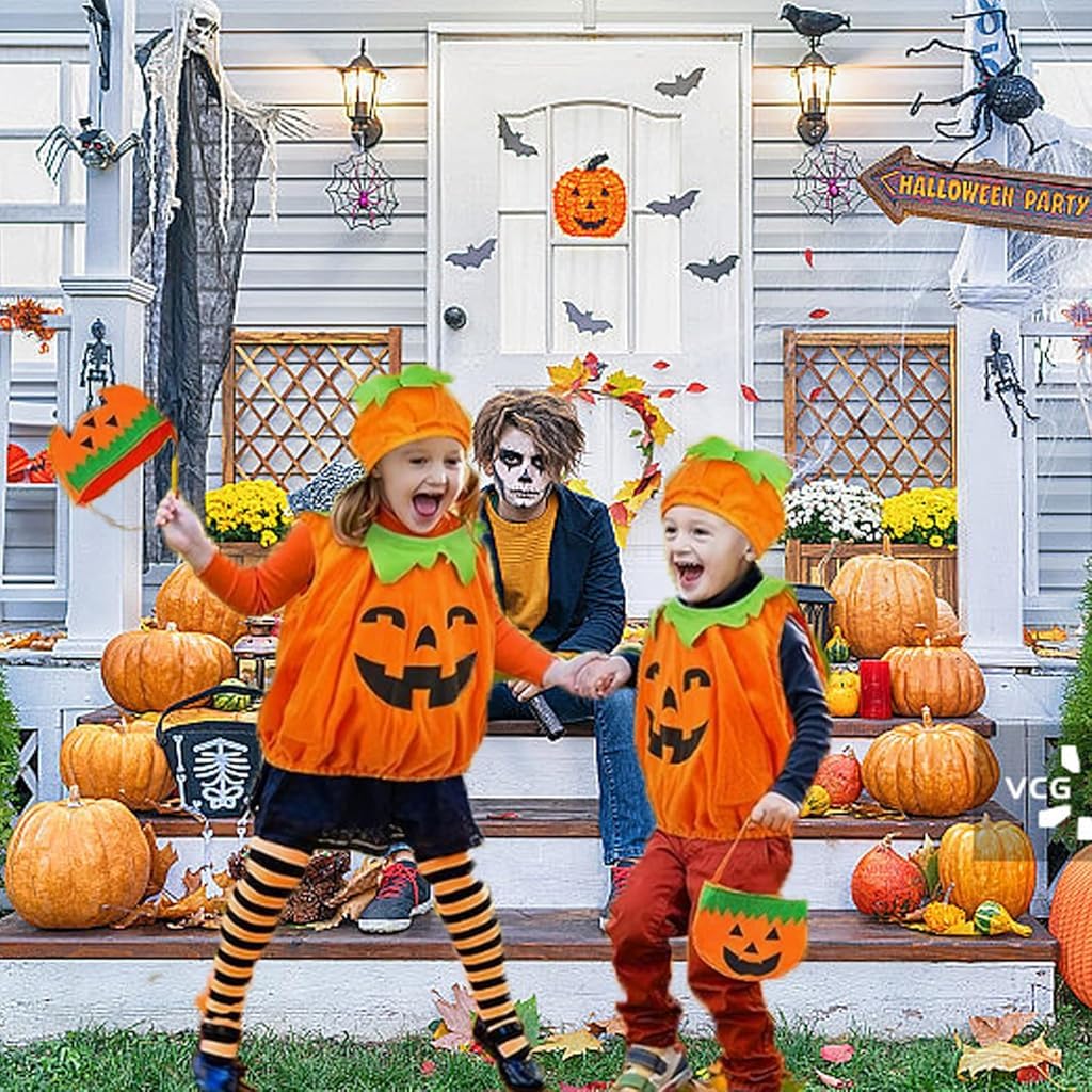 PATPAT® Toddler Pumpkin Halloween Cosume for Aged 4-5 Years Olds Boys and Girls Trick or Treat Halloween Cosume Cute Pumpkin Cosume with Hat and Shoes Halloween Party Cosume