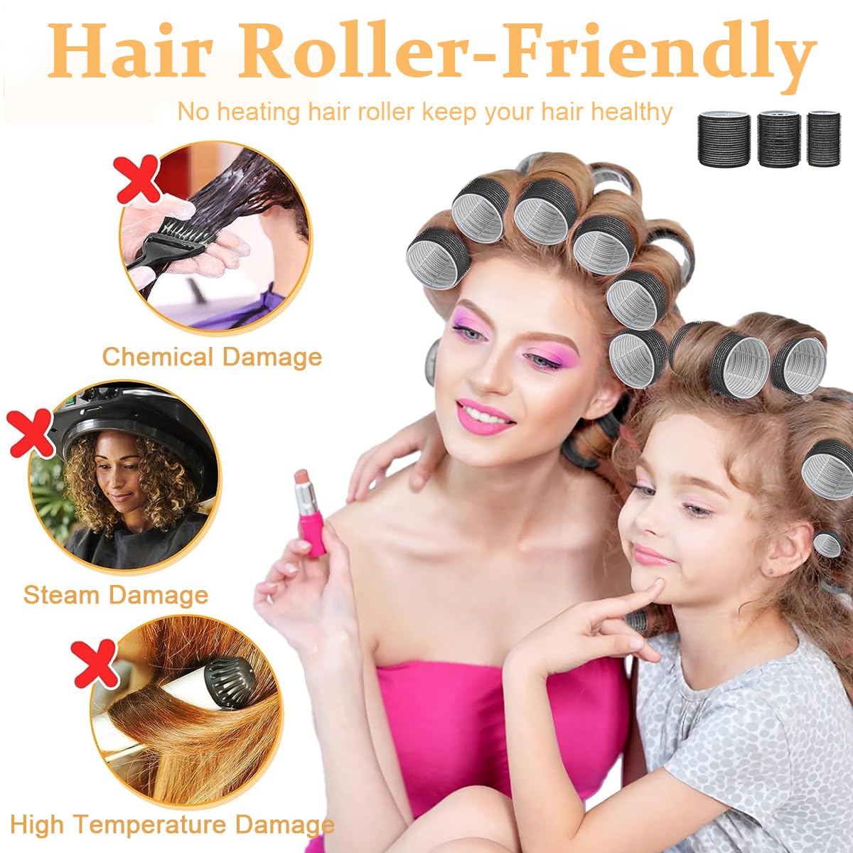 MAYCREATE® Heatless Hair Roller for Women Girls, 12pcs Hair Curler Rollers 3 Sizes (4 Jumbo, 4 Large, 4 Medium) & 12 Bang Clips Kit for Thin Thick Volume Hair - Black