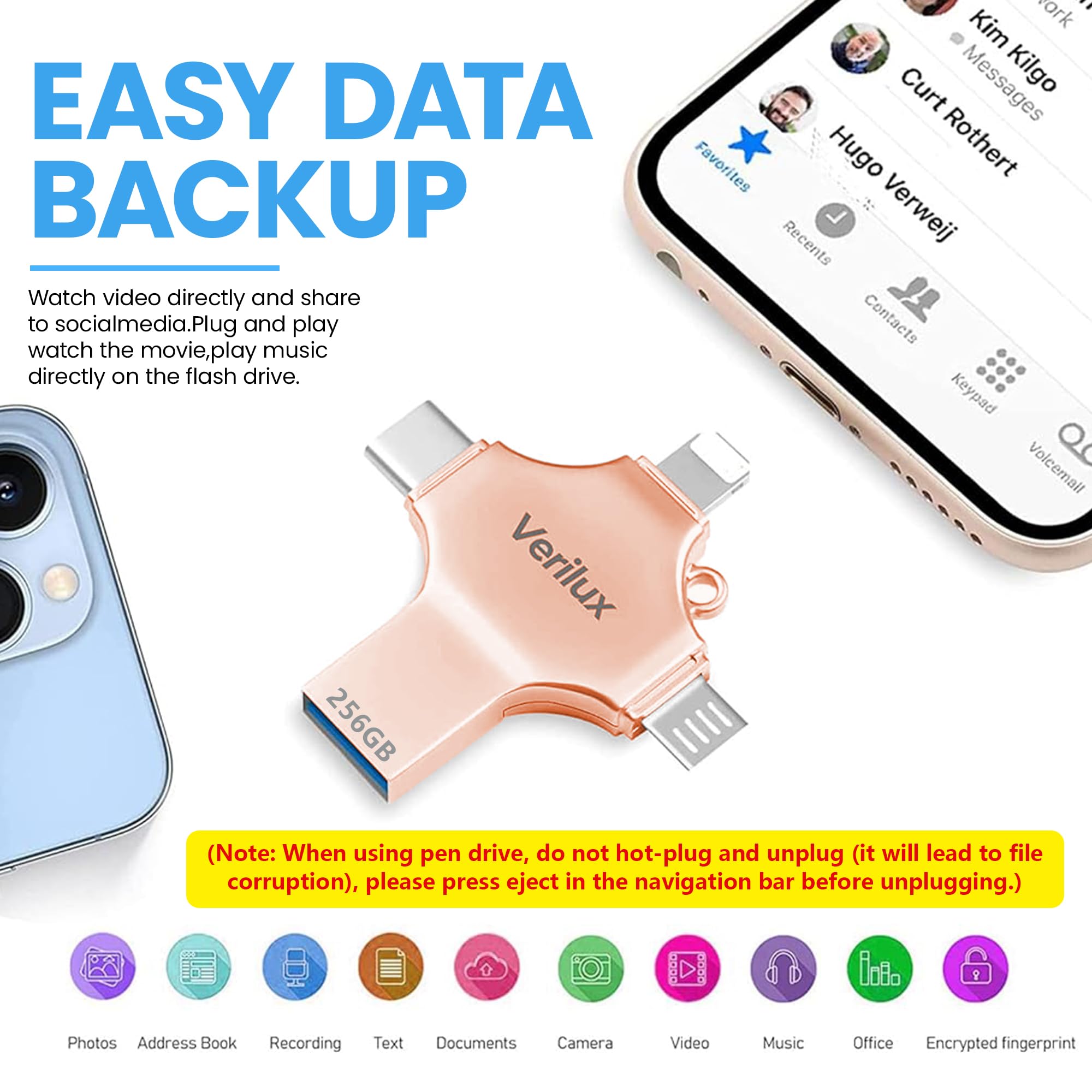 Verilux Pendrive 256GB for iPhone and Android with 4 in 1 Connector | Metal Keychain Design