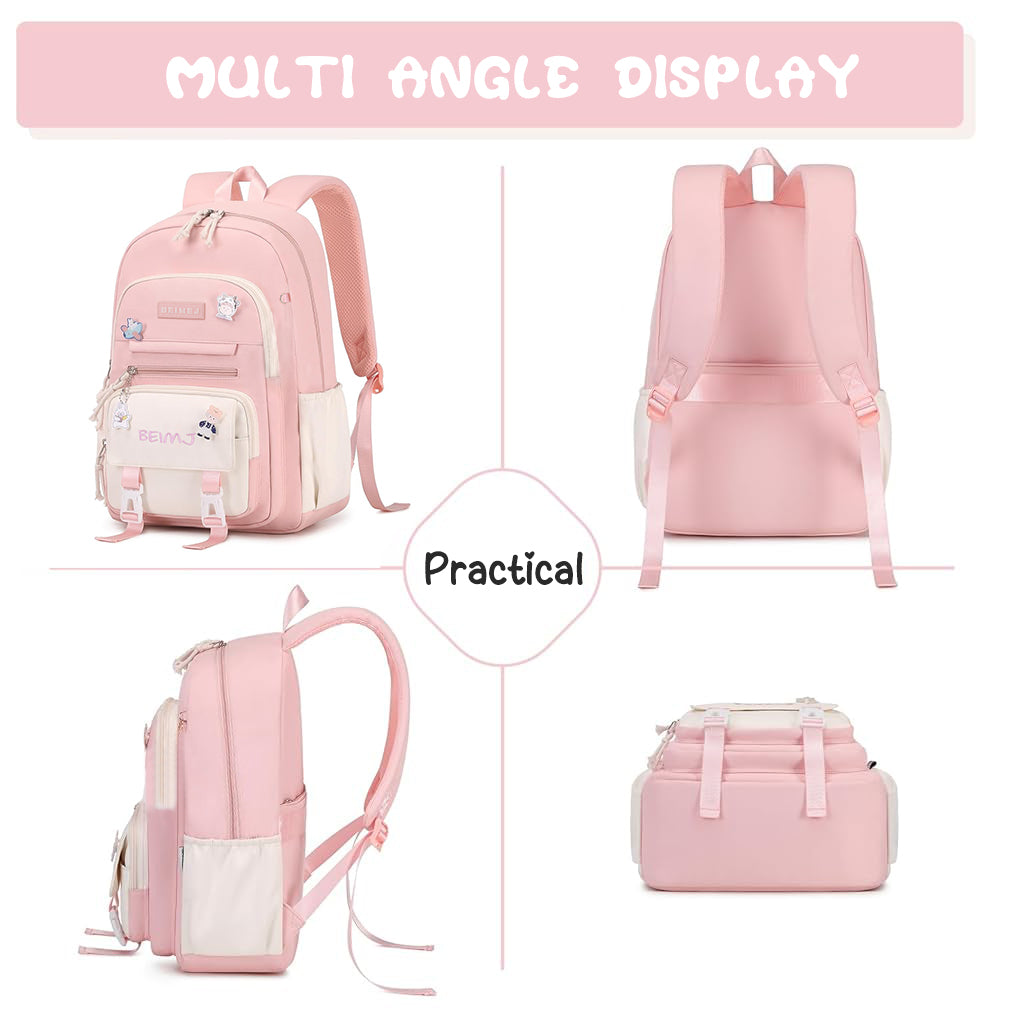 Climberty Girls School Backpack Kawaii Pink School Book Bag Multi Compartment 15.6 inches Travel Backpack School Bag for Girls 6-12 Years Old Birthday Gift Christmas Gift, 32x15x45cm