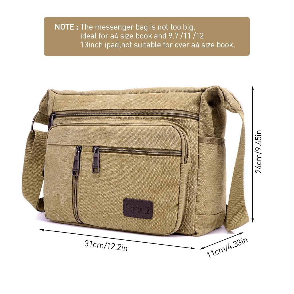 ZIBUYU Sling Bag for Men Crossbody Bag Khaki Canvas Messenger Shoulder Bag Multi-pocket Satchel Crossbody Bag for Mens Side Bags for Men Stylish for Adults, Men and Women