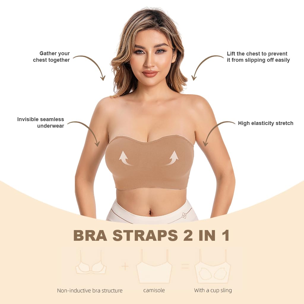PALAY Strapless Bra for Women Padded Non-strap Bra for Heavy Breast Off-Shoulder Bra Removable Breast Pads Design Non-slip Bra Casual Strapless Bra, XL