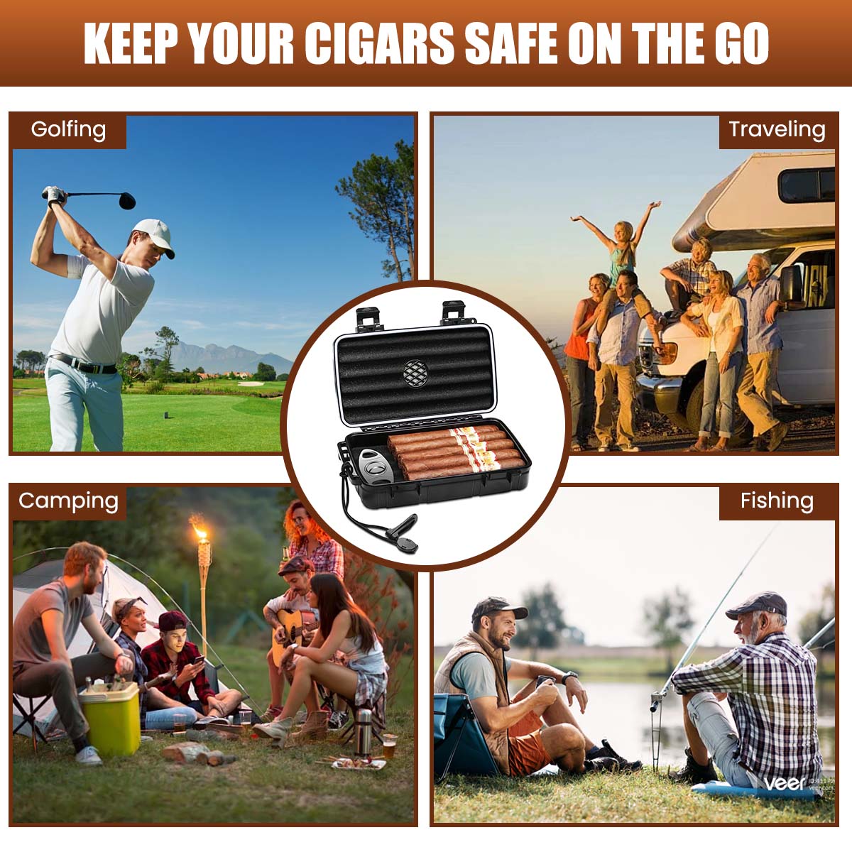 GUSTAVE® Travel Cigar Humidor Case with Cigar Cutter Hard Shell 5 Cigar Capacity Storage Case with Humidifier Disc EVA Protective Foam Liner Design Portable Cigar Box with Lanyard, 23x13x5cm