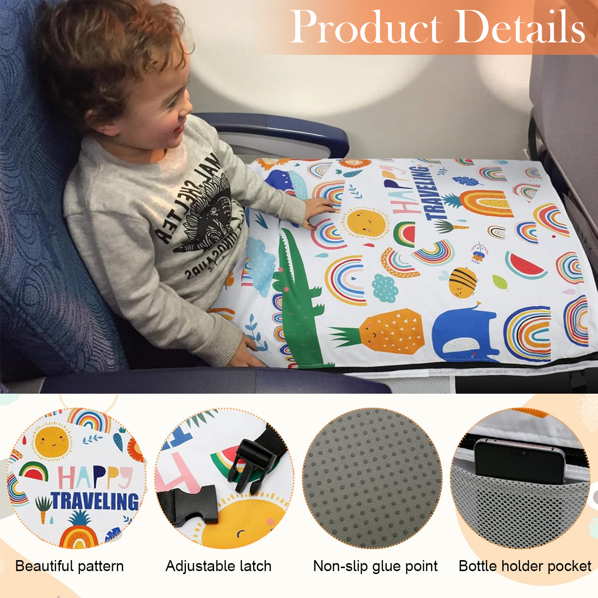 SNOWIE SOFT® Toddler Airplane Bed 77x 44cm Seat Extender for Kids 2 in 1 Hanging Airplane Bed with Removable Cartoon Print Blanket Travel Airplane Bed Airplane Foot Rest for Kids 3-5 Years Old