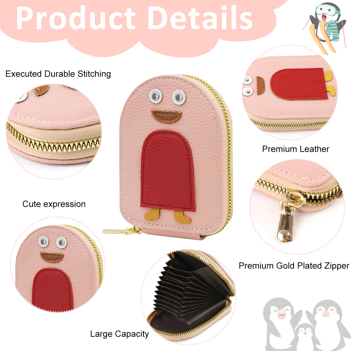 PALAY Girls Card Bag Travel Card Holder with 10 Compartments Wallet Organizer Bag Zipper Pouch PU Cartoon Penguin Zipper Card Bag RFID Blocking Travel