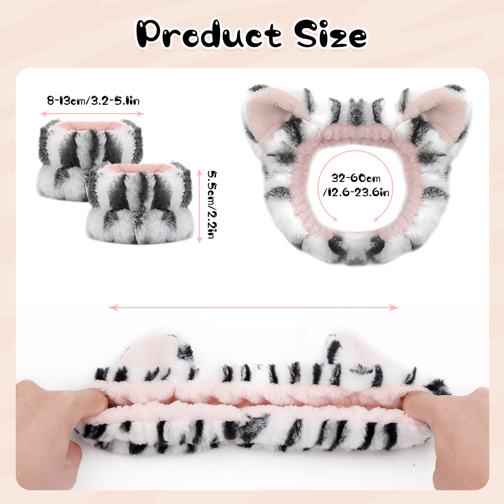 MAYCREATE Spa Headband for Women, Set of 3Pcs Wristband Hair Band for Women Stylish, Cute Cat Ear Hairbands for Women Face Wash, Stretchy Head Band & Wrist Band Combo for Face Washing, Makeup