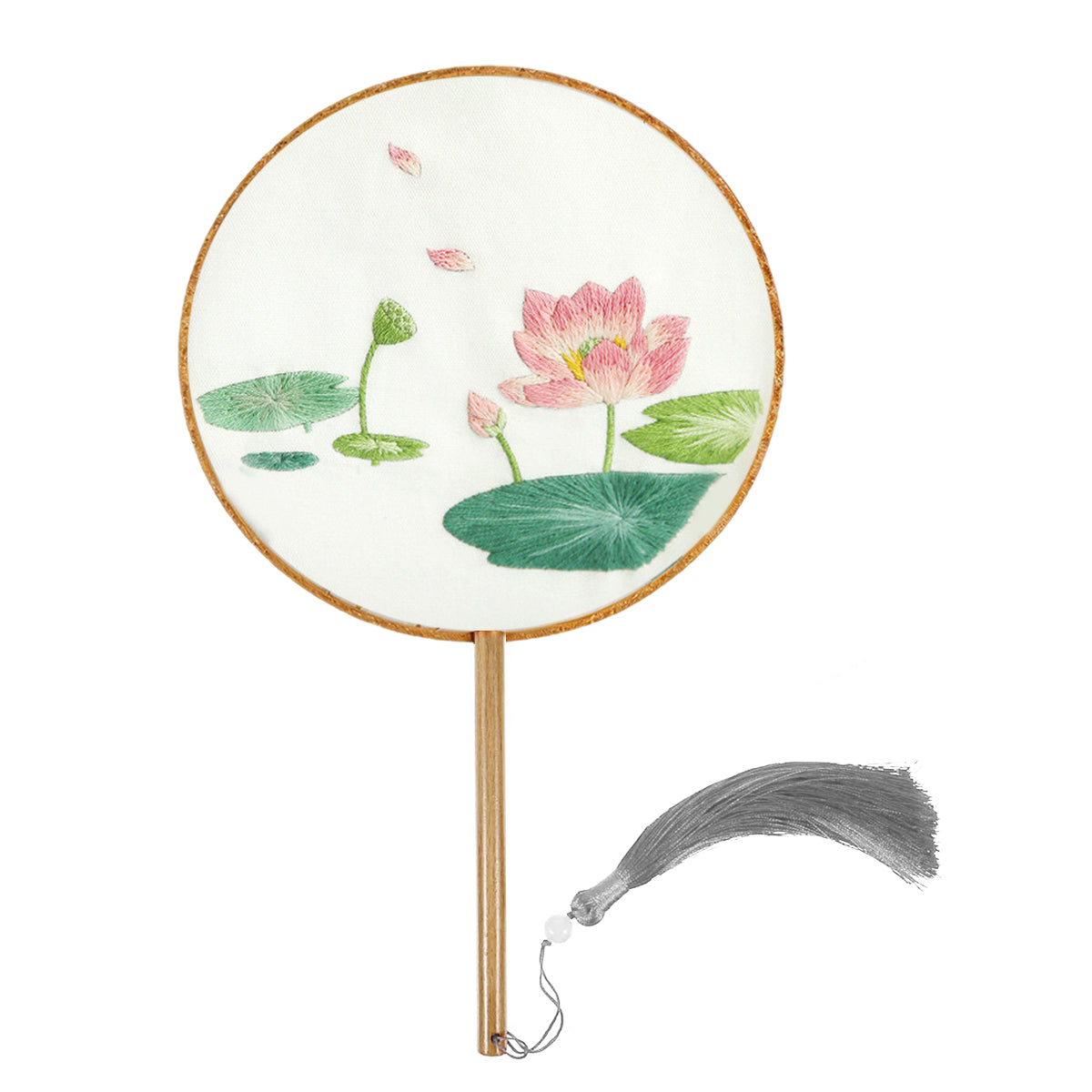 HASTHIP DIY Hand Fan Material Art Kit Handmade DIY Fabric Tassel Embroidery Lotus Wooden Handle Hand Fan Material Pack DIY Hand Fan Gift Mother's Day Gift Birthday Gift