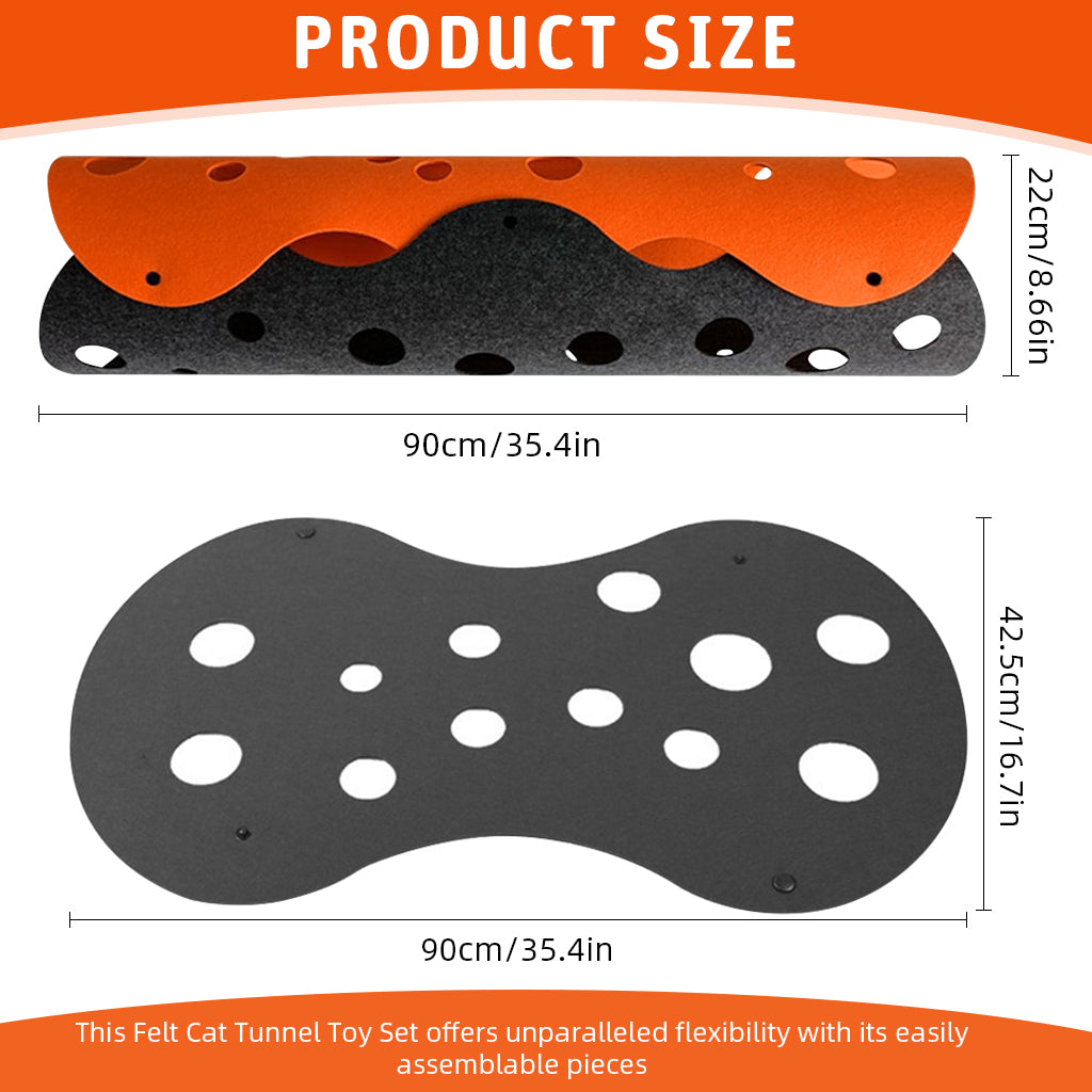 Qpets Felt Cat Tunnel Cat Toy Set of 2 Pieces Assemble Porous Felt Cat Tunnel Dual Color Cut Out Felt Cat Play Hide Cave, 90x 22cm Per One