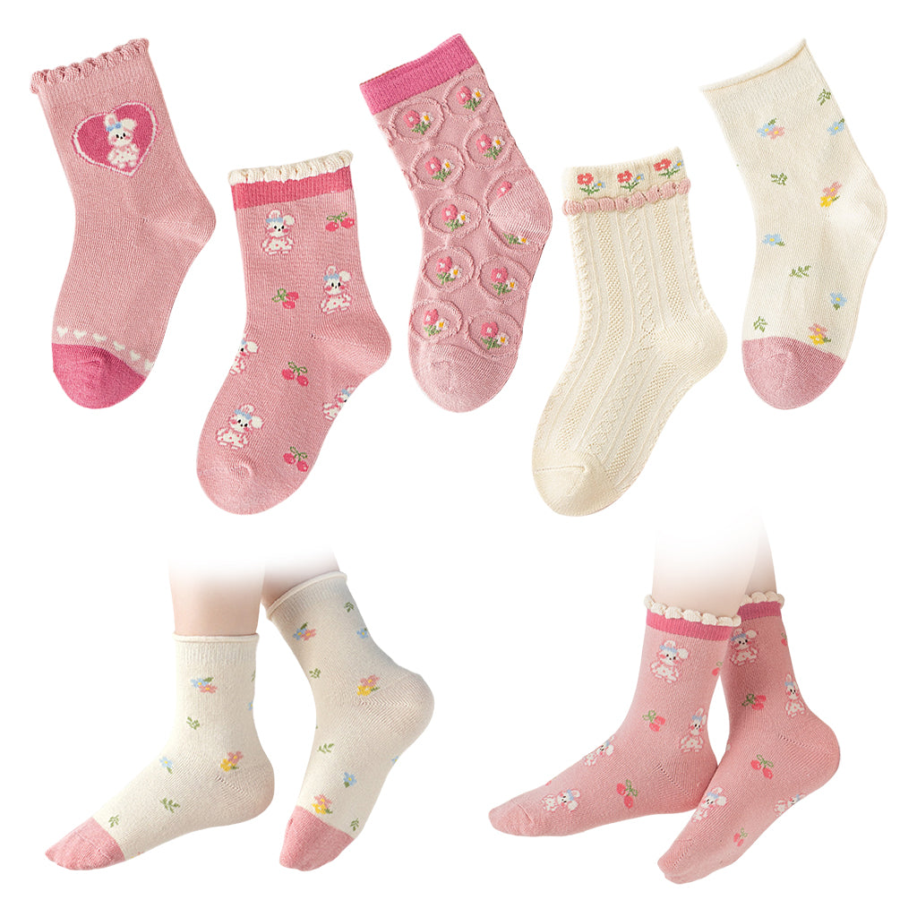 SNOWIE SOFT 5 Pairs Cotton Socks for Girls Primary School Girls Socks Assorted Designed Cute Pink White Print Ankle Socks for Girls Breathable Soft Cotton Socks for Girls 6-8 Years Old