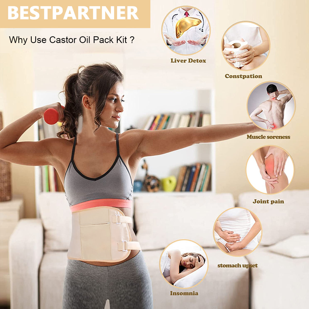 HANNEA Castor Oil Pack, Reusable Organic Castor Oil Packs Wrap for Liver Detox and Fibroids, Castor Oil Pack Compress with Adjustable Strap, Khaki+Pink