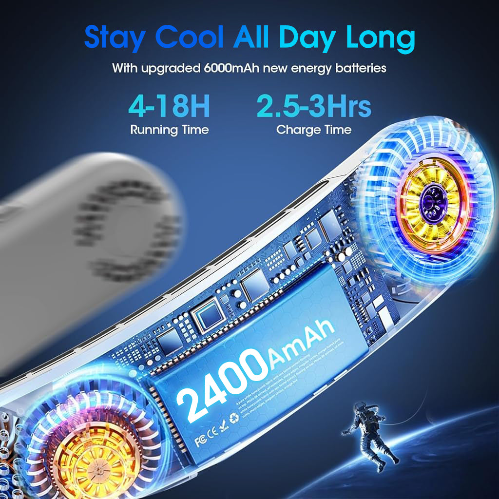 ZORBES Portable Neck Fan, Bladeless 3-Speed Turbo Fan with 4000mAh Rechargeable Battery, Lightweight Hands-Free Personal Cooling Fan for Travel, Walking, Indoor/Outdoor Use (White)