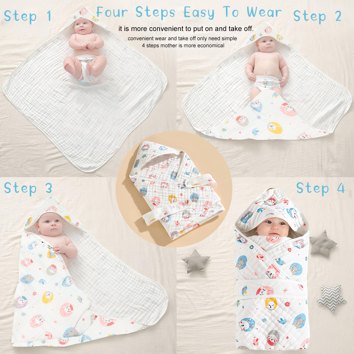 SNOWIE SOFT Baby Infant Bath Wrap Hooded New Born Wrap Ultra Soft Cotton Baby Swaddle Absorbent Baby Bath Wrap Bath Towel Cute Cartoon Baby Swaddle Bath Towel Shower Gift for Baby Girls Boys, 90x90cm