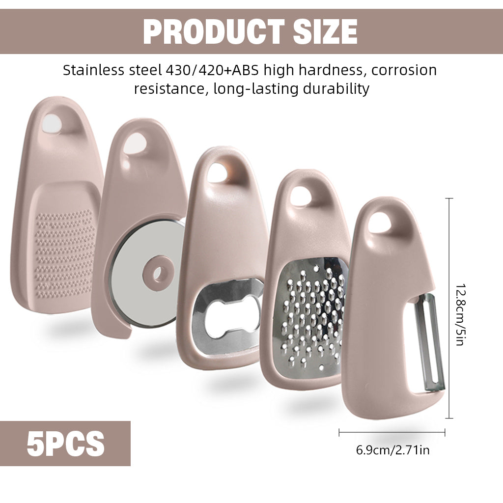 Supvox Set of 5Pcs Kitchen Gadgets Palm-sized 5 inches Garlic Ginger Press, Cheese Grater, Mini Peeler, Mini Pizza Roller Cutter, Bottle Opener, Stackable Utility Kitchen Small Gadgets