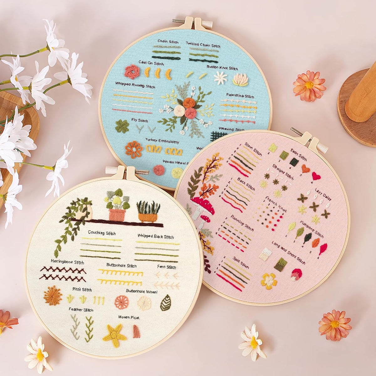 HASTHIP 3 Sets DIY Embroidery Kit for Beginners Pre-Embroideried Stitch Practice Kit for Beginners Adults, Stitch Practice Kit, Includes Cloth with Pattern, Hoop, Colorful Threads and Scissors