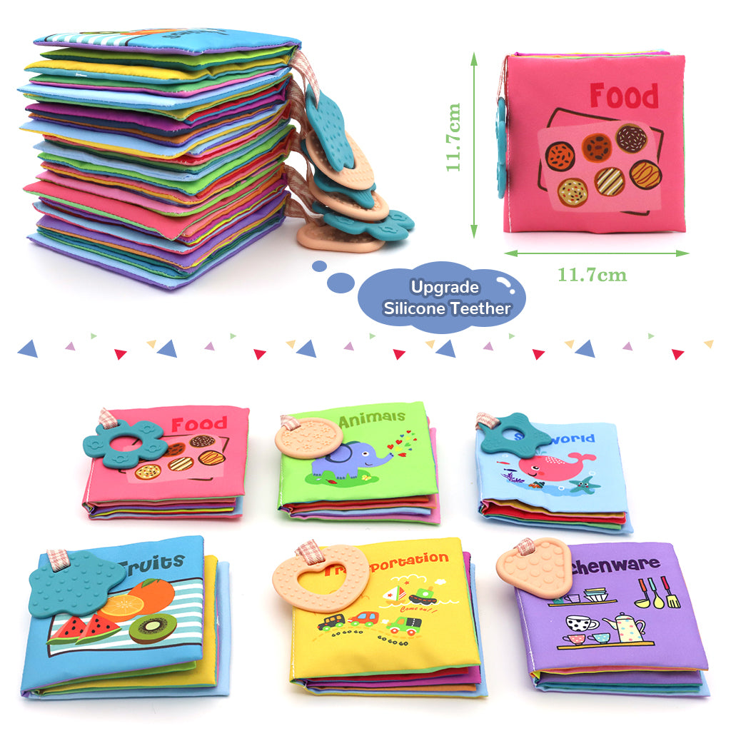 SNOWIE SOFT 6Pcs Baby Cloth Book with Silicone Teether Baby Play Books 10-Page Themed Books Built in Squeaky Cloth Book Sensory Book Early Educational Books for 6-12 Months Shower Gift Baby Gift