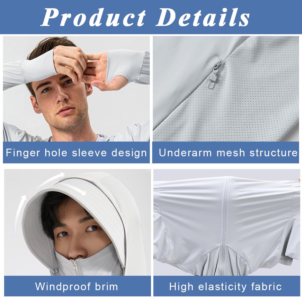 GUSTAVE® Men's Sun Protection Clothes UV Protection Suit UPF 50+ Full Cover Up Hoodie Sun Protection Clothing Intergrated Wide Brim Hat Long Sleeve Sun Protection Clothes for Men, XXL